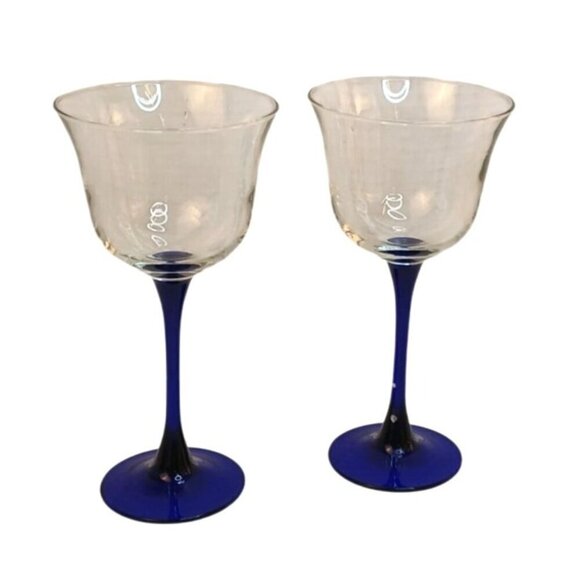 Luminarc Americana Blue 8.5oz Wine Glasses Cobalt Blue Stem Vintage Set of 2 - Picture 1 of 7